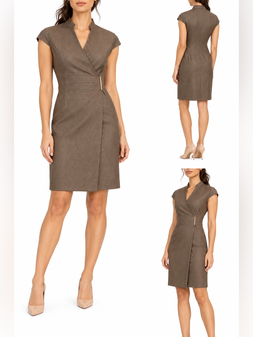 Calvin Klein Gold Brown Cap Sleeve Wrap Dress Size 4 Gold Bar Chic Edgy - Picture 16 of 16